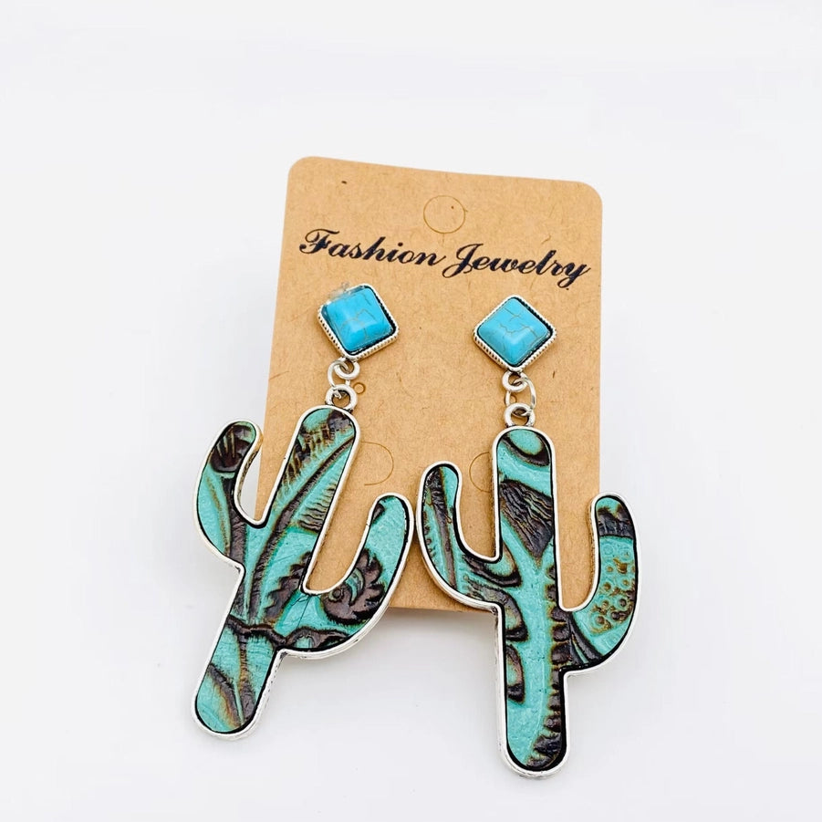 Cactus Embossed Turquoise Western Style Earrings